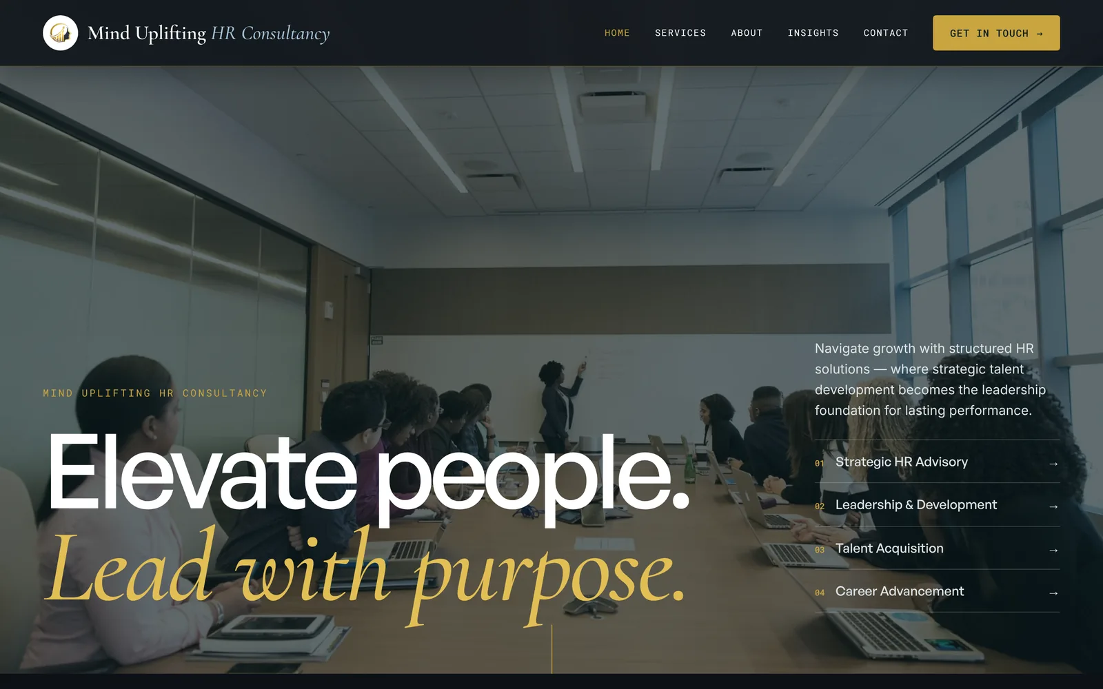 Mind Uplifting homepage: Elevate people. Lead with purpose.
