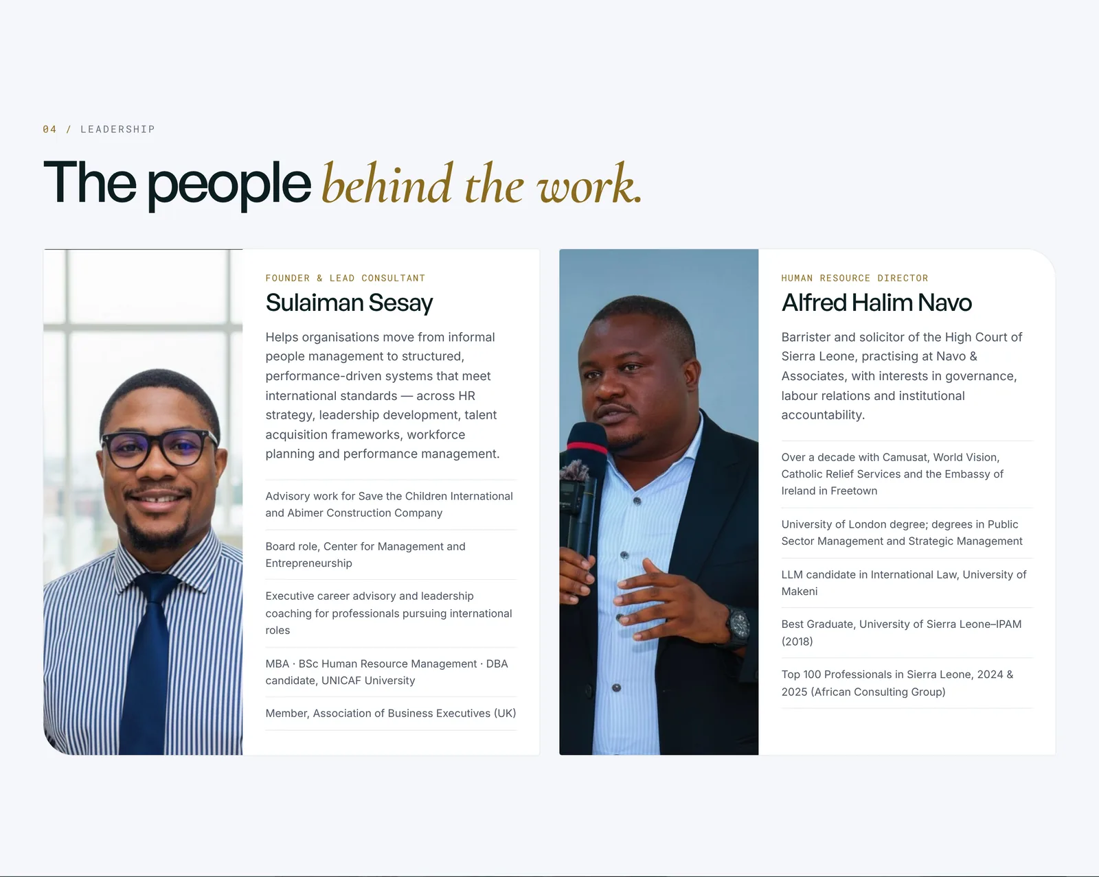 Leadership section with the founder and HR director