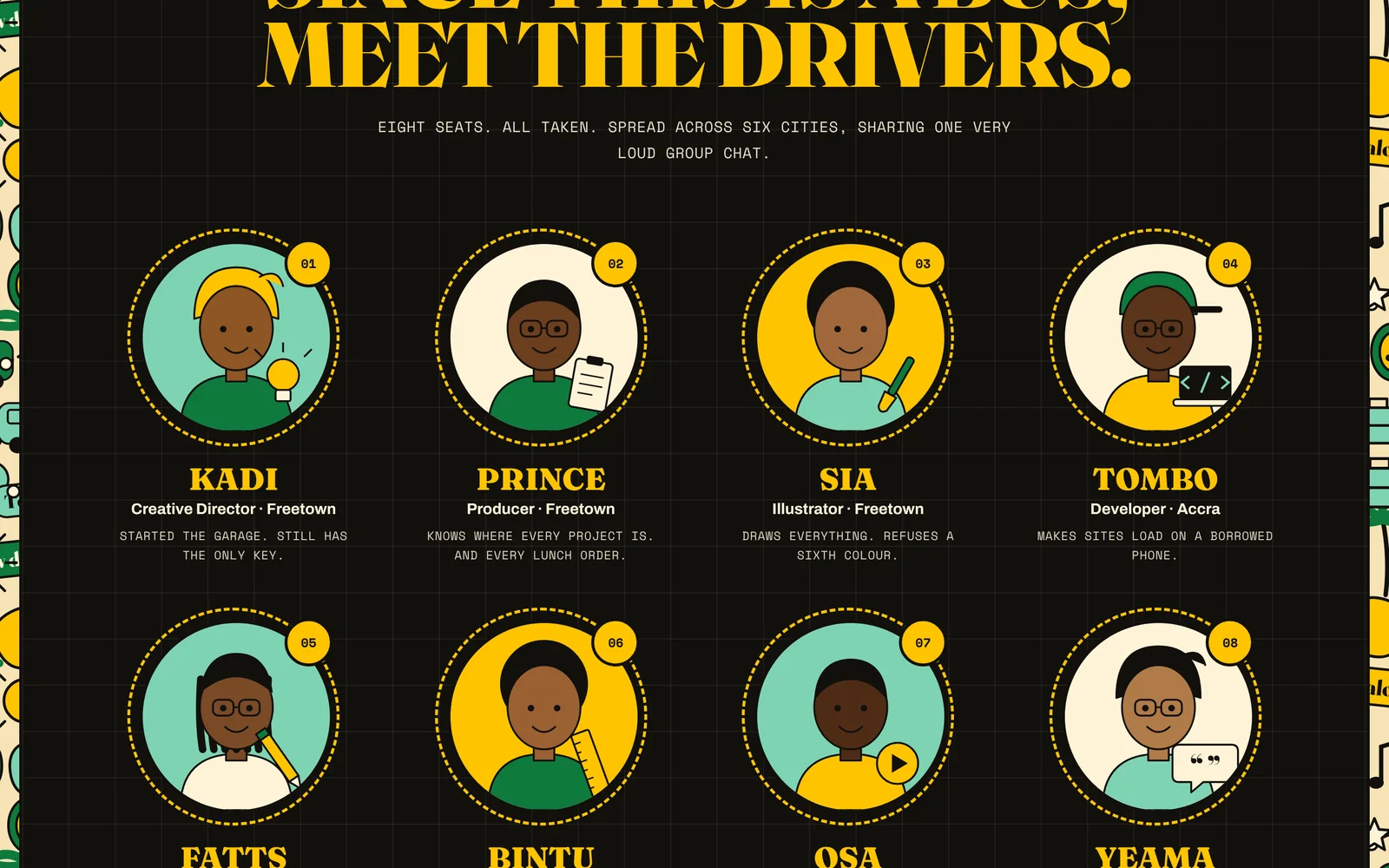 Crew section: eight illustrated portraits in round frames