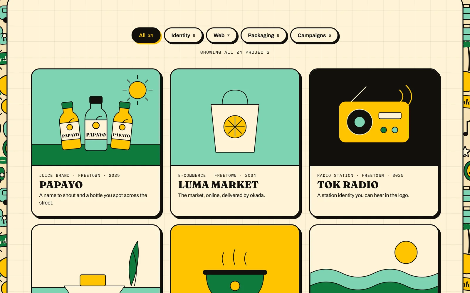 Work page: 24 illustrated project cards with discipline filters